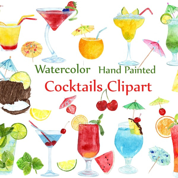 Watercolor Cocktails clipart: "SUMMER CLIPART" Drinks Clipart Summer fruits Cocktail Clip Art Drinks Clipart Juicy Fruit Clipart Watercolour
