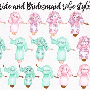 K&ouml;nnte beinhalten: Ein Set mit 12 Aquarell-Illustrationen von Roben mit den Worten "Bride" und "Bridesmaid" darauf gedruckt. Die Roben sind in Pink, Gr&uuml;n und mit Blumenmustern.