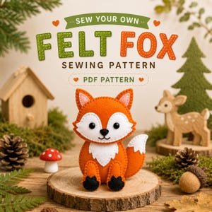 May include: An orange felt fox sewing pattern with white accents and black paws sits on a wooden slice. The image includes a small wooden birdhouse, a felt deer, and text that reads "Sew Your Own Felt Fox Sewing Pattern PDF Pattern."