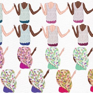 May include: Digital illustration of 12 different women with various skin tones wearing different tops and skirts. The women are all facing forward with their arms raised in a peace sign. The tops are all sleeveless and have a variety of patterns, including floral, geometric, and solid colors. The skirts are all short and have a variety of patterns, including floral, geometric, and solid colors.