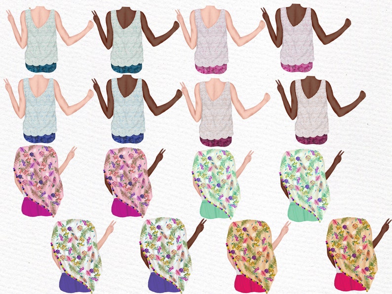 May include: Digital illustration of 12 different women with various skin tones wearing different tops and skirts. The women are all facing forward with their arms raised in a peace sign. The tops are all sleeveless and have a variety of patterns, including floral, geometric, and solid colors. The skirts are all short and have a variety of patterns, including floral, geometric, and solid colors.