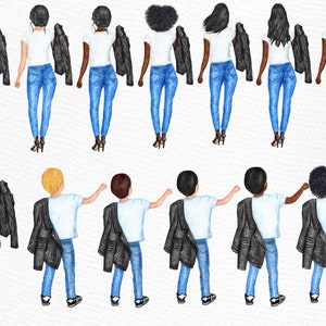 Op de afbeelding: Waterverfillustratie van mensen die witte shirts en blauwe jeans dragen met zwarte leren jassen. De mensen kijken naar voren met hun armen langs hun zij.