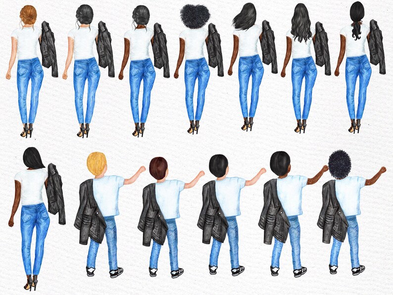 Op de afbeelding: Waterverfillustratie van mensen die witte shirts en blauwe jeans dragen met zwarte leren jassen. De mensen kijken naar voren met hun armen langs hun zij.