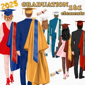 Clipart de remise des diplômes : « ÉTUDIANTS DE FIN D'ÉTUDES » Diplômés félicitations Toge de remise des diplômes Robes de diplômés blanches Grad College Senior masculins féminins