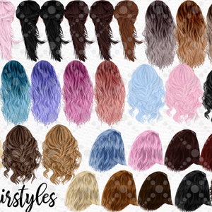 May include: A set of 30 different hairstyles for digital design, featuring various colours and styles, including straight, wavy, curly, and braided hair.