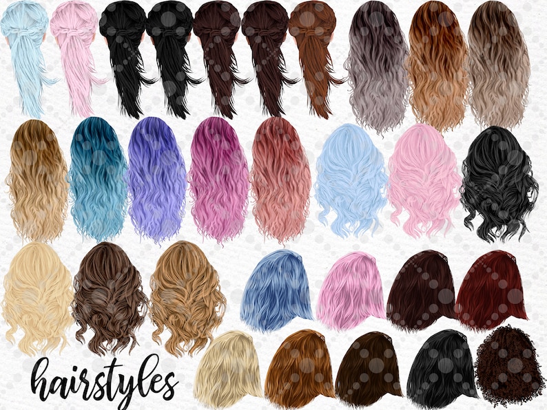 May include: A set of 30 different hairstyles for digital design, featuring various colours and styles, including straight, wavy, curly, and braided hair.