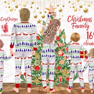 Clipart familiar navideño: "CLIPART FAMILIAR" Pijamas a juego Navidad familiar Árbol de Navidad Tarjetas navideñas para padres e hijos Sublimación Png