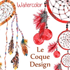 May include: Watercolor illustration of two dreamcatchers with red, black, and white details. One dreamcatcher is heart-shaped with brown and beige accents and the other is round with red and black accents. Both dreamcatchers have feathers and beads hanging from them. The text "Le Coque Design" is written in brown below the dreamcatchers.