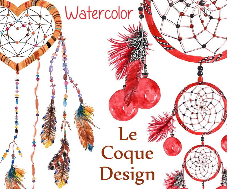 May include: Watercolor illustration of two dreamcatchers with red, black, and white details. One dreamcatcher is heart-shaped with brown and beige accents and the other is round with red and black accents. Both dreamcatchers have feathers and beads hanging from them. The text "Le Coque Design" is written in brown below the dreamcatchers.