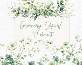May include: Watercolor clipart featuring 20 elements of greenery, including leaves and flowers in shades of green and white. The text "Greenery Clipart 20 elements watercolor" is included in the image.