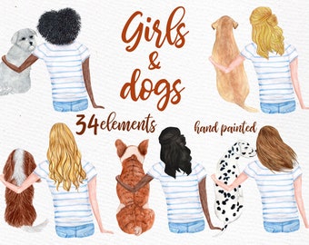 Best friends clipart: "DOGS CLIPART" Girl with dog Dog lover clipart dog mom clipart Pet clipart Watercolor girls Custom dogs Dog Mug design
