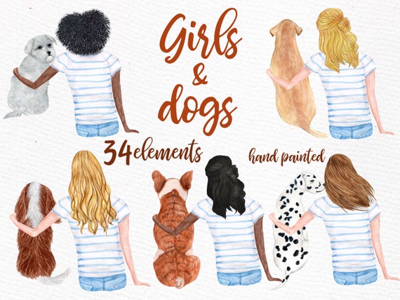 Best friends clipart: "DOGS CLIPART" Girl with dog Dog lover clipart dog mom clipart Pet clipart Watercolor girls Custom dogs Dog Mug design