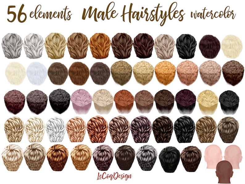 May include: 56 watercolor illustrations of different hairstyles for men. The hairstyles are shown from the back and are in various colors, including blonde, brown, black, gray, and pink.