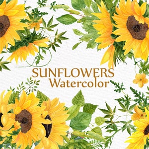 May include: Watercolor painting of sunflowers with green leaves and stems. The sunflowers are yellow with brown centers. The text "SUNFLOWERS Watercolor" is in the center of the image.