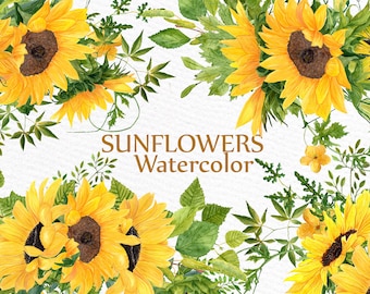 Sunflower clipart Watercolor Wreath: "SUNFLOWER BOUQUETS" Wedding clipart Floral Wreaths Yellow Flowers Floral Illustration DIY Wedding