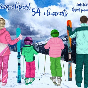 Clipart de esquí familiar: "SKI CLIPART" Clipart de invierno Familia al aire libre Gente de acuarela Gente de familia Hermanos clipart Diseños de tazas familiares