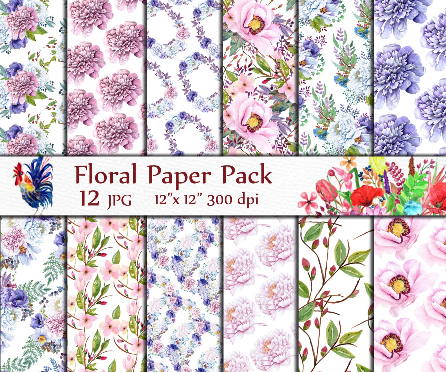 Floral digital paper pack FLORAL PAPERS Peonies Etsy
