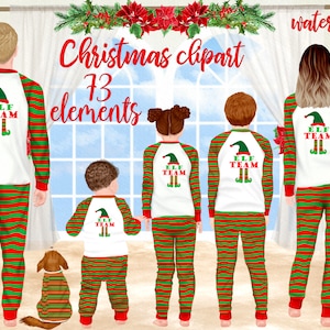 Clipart familiar de Navidad: "PIJAMAS COINCIDENTES" Pijama de equipo de elfo Navidad Familia Padres e hijos Paisaje de Navidad Sublimación de taza familiar