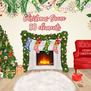 May include: A Christmas scene with a decorated tree, a fireplace with stockings, a red armchair with a "Merry Christmas" pillow, and presents under the tree.