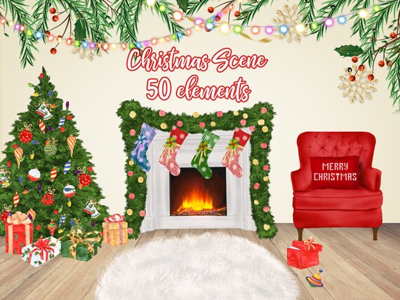 Christmas house scene: "CHRISTMAS FIREPLACE SCENERY" Christmas clipart Christmas house illustration House background Holyday clipart Mug png