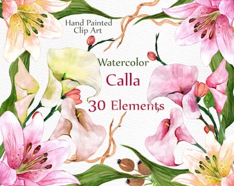 Watercolor wedding flowers clipart: "FLORAL CLIP ART" Calla clipart Diy elements wedding invites Hand painted separate flowers greeting card