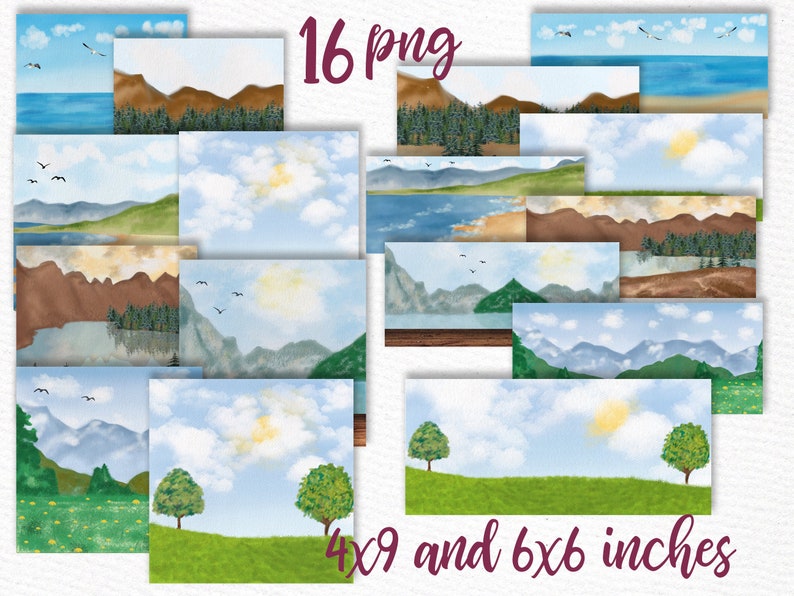 May include: 16 digital backgrounds featuring watercolor landscapes with mountains, trees, and clouds. The backgrounds are available in 4x9 and 6x6 inches.