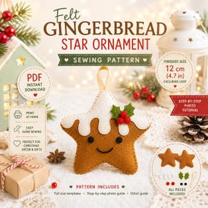May include: A felt gingerbread star ornament sewing pattern featuring a brown star with white icing, black eyes, a smile, and green holly leaves with red berries. The finished size is 12 cm (4.7 in). Includes full-size templates and a photo tutorial.