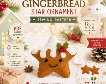 Felt Gingerbread Star Sewing Pattern, Christmas Ornament PDF, Felt Star Pattern, DIY Christmas Felt Craft, Hand Sewing Pattern