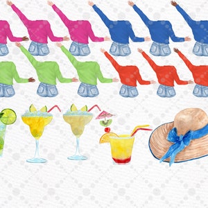 May include: A set of watercolor illustrations featuring 10 women in various colored tops and denim shorts, raising their arms in the air. The set also includes four cocktails, a straw hat with a blue ribbon, and a small umbrella.