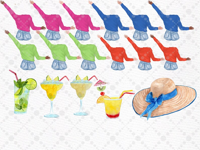 May include: A set of watercolor illustrations featuring 10 women in various colored tops and denim shorts, raising their arms in the air. The set also includes four cocktails, a straw hat with a blue ribbon, and a small umbrella.