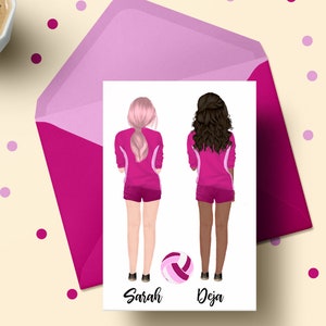 May include: Two women in pink volleyball uniforms stand back to back with a volleyball in front of them. The woman on the left has pink hair and the woman on the right has brown hair. The text "Sarah" is below the woman on the left and the text "Deja" is below the woman on the right.