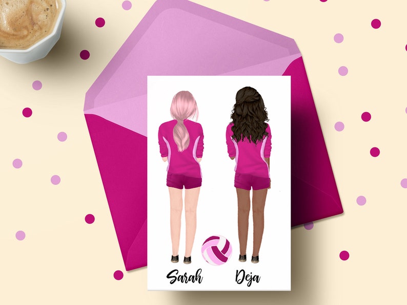 May include: Two women in pink volleyball uniforms stand back to back with a volleyball in front of them. The woman on the left has pink hair and the woman on the right has brown hair. The text "Sarah" is below the woman on the left and the text "Deja" is below the woman on the right.