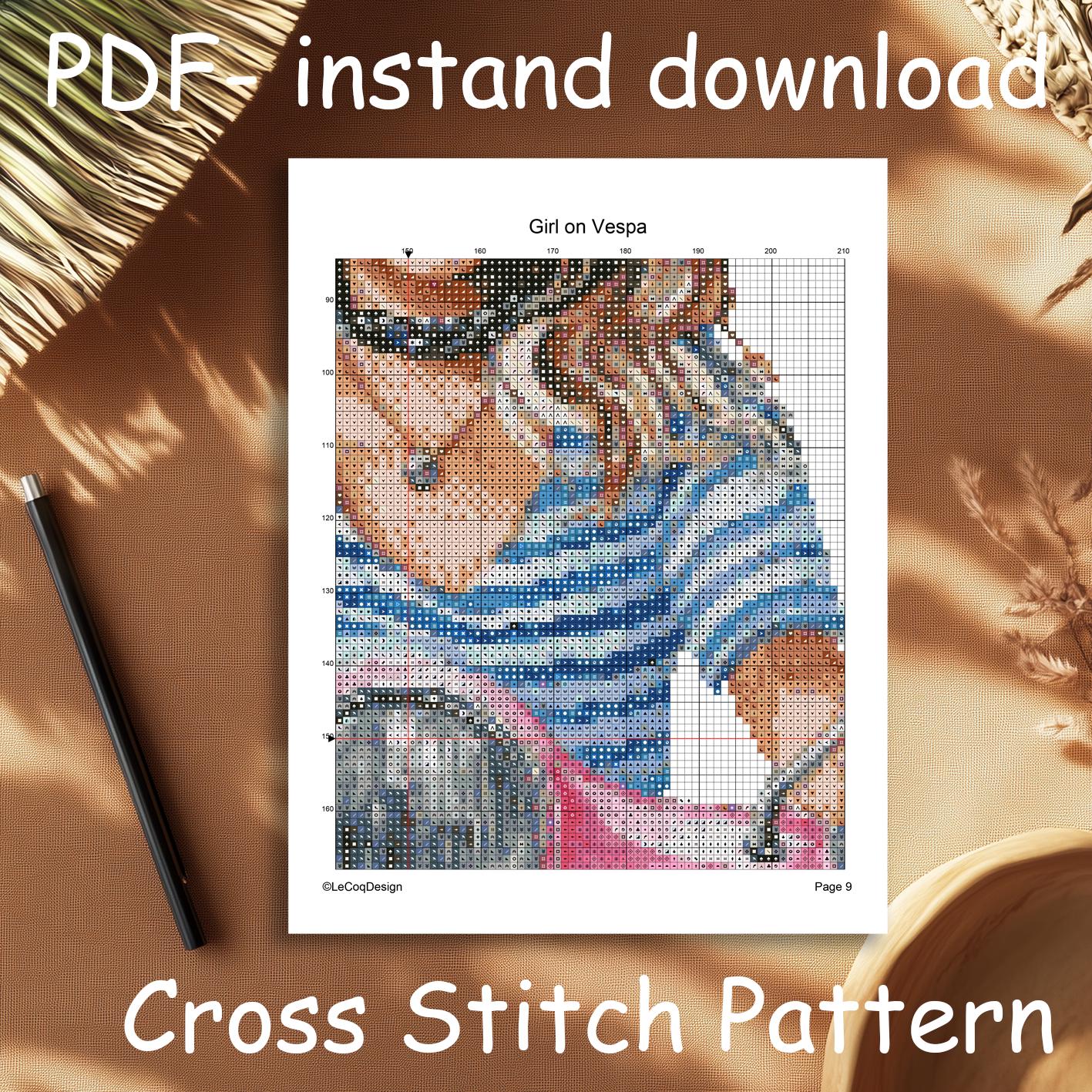 Retro Girl Vespa Cross Stitch Pattern: Vintage Scooter Embroidery (PDF ...