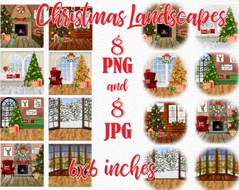 Christmas background: "CHRISTMAS SCENERY" Winter landscapes Mug Design  Christmas card Mug templates Christmas clipart Xmas indoor scenery