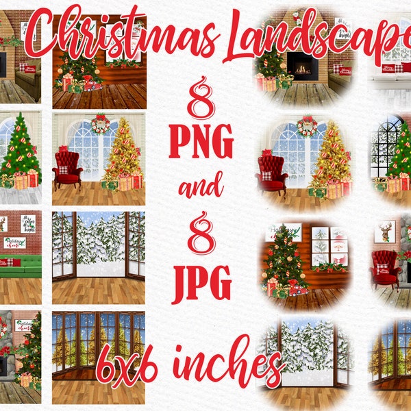 Christmas background: "CHRISTMAS SCENERY" Winter landscapes Mug Design  Christmas card Mug templates Christmas clipart Xmas indoor scenery