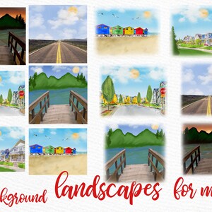 May include: Twelve digital illustrations of different landscapes, including a beach with colourful beach houses, a road with yellow lines, a lake with a wooden bridge, and a neighbourhood with houses. The illustrations are suitable for use as backgrounds for mugs.