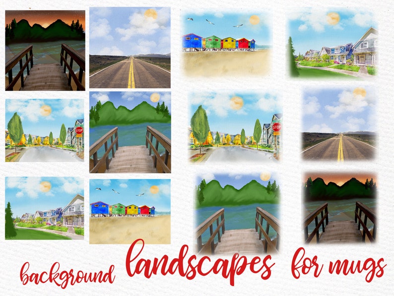 May include: Twelve digital illustrations of different landscapes, including a beach with colourful beach houses, a road with yellow lines, a lake with a wooden bridge, and a neighbourhood with houses. The illustrations are suitable for use as backgrounds for mugs.