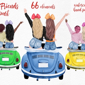Mejores amigos Clipart: "GIRLS ADVENTURES" Retro escarabajo coche Custom besties Soul Sisters Bridesmaid regalo taza chica ilustración chica con arcos