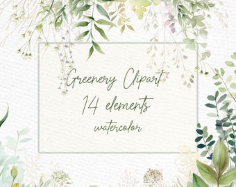 May include: Watercolor clipart featuring 14 green leafy elements. The image has a white background with a light green border around the text "Greenery Clipart 14 elements watercolor".