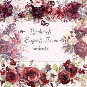 Burgundy Peony Flowers Clipart: Watercolor Wedding Bouquets (PNG)