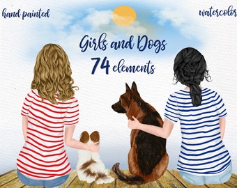 Best friends clipart: "DOGS CLIPART" Girl with dog Dog lover clipart dog mom clipart Pet clipart Watercolor girls Custom dogs Dog Mug design