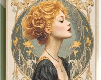 Modèle de point de croix pour filles : « FILLE AVEC DES FLEURS » Modèle de point de croix Alfons Mucha Point de croix moderne Punto de Cruz Art nouveau point de croix
