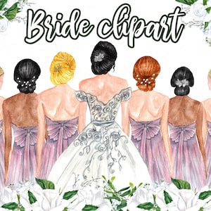 Bride clipart: &quot;BRIDESMAID CLIPART&quot; Wedding clipart Bridal Shower Bachelorette Party White wedding flower Custom bride tribe Watercolor rose