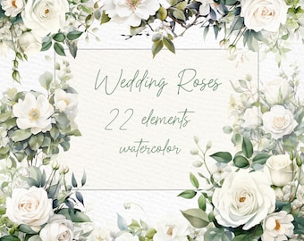 May include: Watercolour illustration of white roses and greenery. The image includes the text "Wedding Roses 22 elements watercolour".