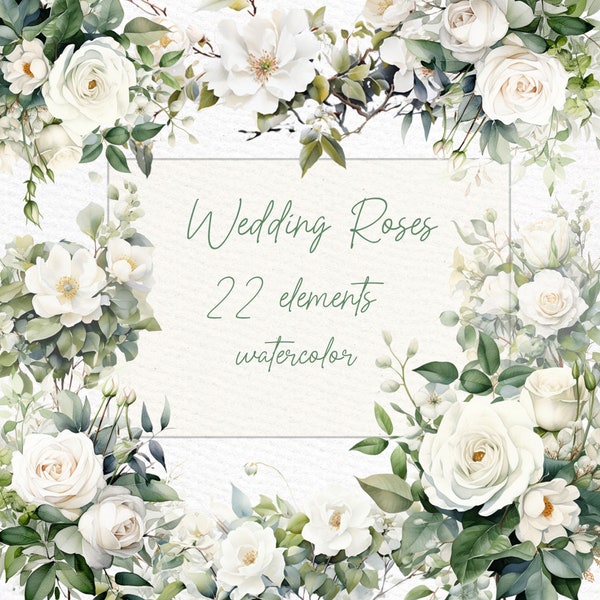 White Roses Clipart: "WATERCOLOR ROSES CLIPART" Dusty Rose Floral Clipart beige Rose Flowers Borders Png Premade Wreaths Clipart Blush Roses