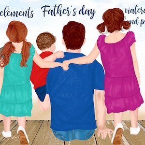 May include: Watercolor illustration of a father with two children. The father is wearing a blue shirt and jeans. The children are wearing dresses. The illustration is hand-painted and has a watercolor effect.