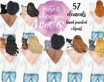 Girls and Cats Clipart: "GIRLS CLIPART" Cat Lover clipart Pet Clipart Custom cats Pet Lover Gift Girls With Cats Watercolor Cats Cat Mom