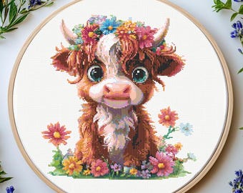 Highland Cow Embroidery: Farm Animal Cross Stitch Pattern (PDF)