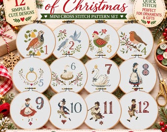12 Days of Christmas Cross Stitch Patterns Bundle, Mini Christmas Cross Stitch, Beginner PDF Patterns, Small Ornament Designs