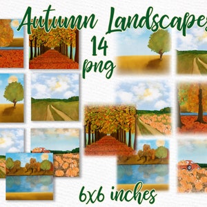 May include: A set of 14 digital illustrations of autumn landscapes. The images feature scenes of trees, fields, pumpkins, and roads. The images are 6x6 inches and are perfect for use in digital scrapbooking, card making, and other craft projects.